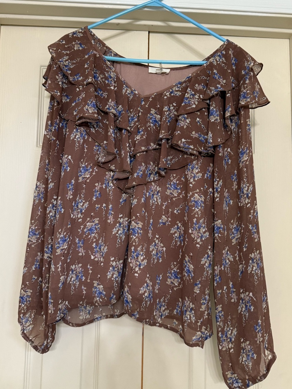 entro Brown Floral Ruffle Blouse with Blue Accents